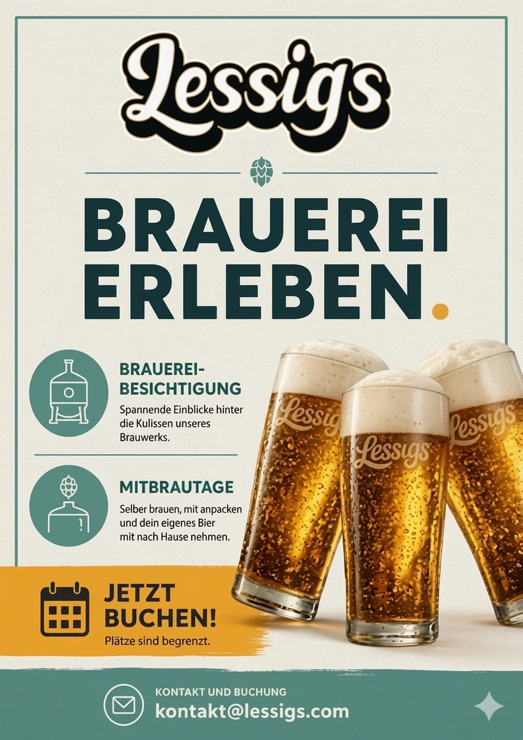 Lessigs Brauwerkstatt GmbH – Dieses Bild kündigt die große Eröffnung der neuen Bierbar „Lessigs Zapfraum 239“ an.
